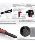 Electric Auto Rivet Gun Featuring Knockout Dual Finger Trigger Control and Badass Heat Dissipation Vents Supporting Four Rivet Sizes Ideal for RV Mods Downpipe Repairs and Construction Telecom Jobs Corded Design Smooth Thumb Power Switch showing handle, maintenance head, and heat dissipation vents.