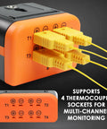 Close-up of the 4 Channel Digital K Type Thermocouple Data Logger With 48K Records, showing 4 thermocouple sockets.
