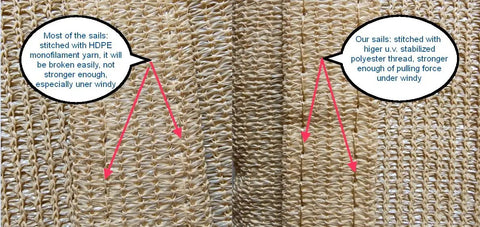 Close-up of sand color 14 ft triangle sun shade sail canopy fabric showing stitching details for UV blocking and reinforcement.