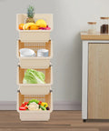 4 Pack Stacking Storage Baskets Featuring Open Front Design Effortless Grab and Go Beige Home Organization Essentials No Cap Your Pantry Will Thank You For This Clean Sweep Setup 11X13.8X8.7, stacked baskets filled with fruits, vegetables, and dishes.