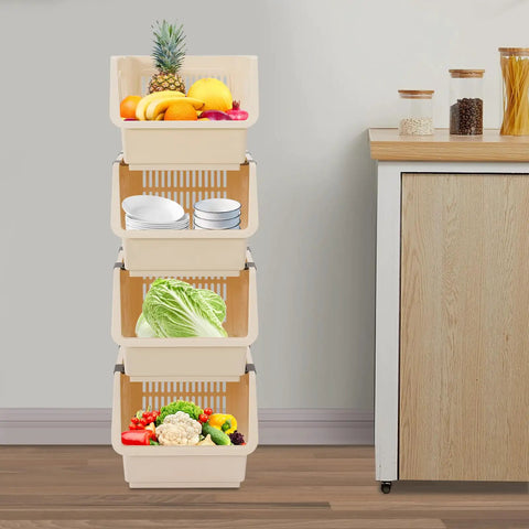 4 Pack Stacking Storage Baskets Featuring Open Front Design Effortless Grab and Go Beige Home Organization Essentials No Cap Your Pantry Will Thank You For This Clean Sweep Setup 11X13.8X8.7, stacked baskets filled with fruits, vegetables, and dishes.