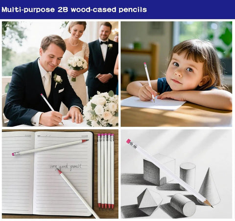 25 Pack Value Woodcase Pencils With Erasers Pre Sharpened Hexagon Graphite 2B For Home And Office Writing Includes Free Sharpener White