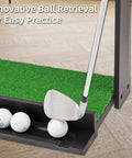 Wooden Golf Putter Stand With Ball Storage Holds 8 Clubs And Up To 23 Golf Balls showing ball retrieval feature.
