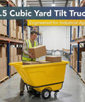Commercial Grade Tilt Truck Dump Cart 850 Lb Capacity Zero Point Five Cubic Yard Yellow Rotational Molded Waste Bin in use in warehouse.
