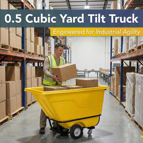 Commercial Grade Tilt Truck Dump Cart 850 Lb Capacity Zero Point Five Cubic Yard Yellow Rotational Molded Waste Bin in use in warehouse.