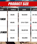 Product size chart for Rock Solid Gas Struts For Truck Tonneau Cover And Pickup Bed Topper Upgrade features length and weight ratings.