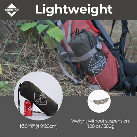 12 By 10 Ft Ultralight Camping Hammock Tarp Rainfly With Doors packed in a pouch on a backpack, lightweight, nature backdrop.