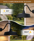 Day and night view of Gooseneck Outdoor Barn Light Fixture For Porch Patio Garage Front Door With E26 Bulb Compatibility