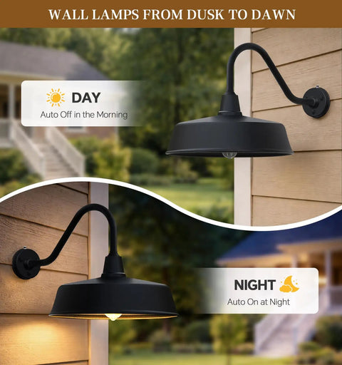 Day and night view of Gooseneck Outdoor Barn Light Fixture For Porch Patio Garage Front Door With E26 Bulb Compatibility