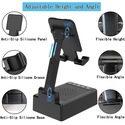 Two In One Bluetooth Speaker Phone Stand With Antislip Base And HD Surround Sound, adjustable height and angle features shown.