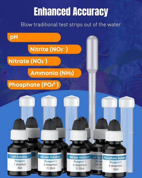 Pro Grade 5 In 1 Aquarium Water Master Test Kit bottles and test vials for pH, nitrite, nitrate, ammonia, and phosphate