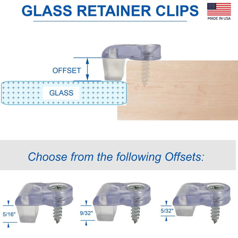 Sturdy Glass Panel Retainer Clips Eight Pack With Soft Rubber Bumpers And Machine Screws for various offset sizes
