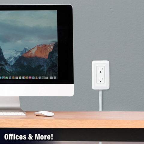 Presto Plug Outlet Extender With Built In Shelf, 4 Foot Cord mounted next to a computer on a desk in an office setting.