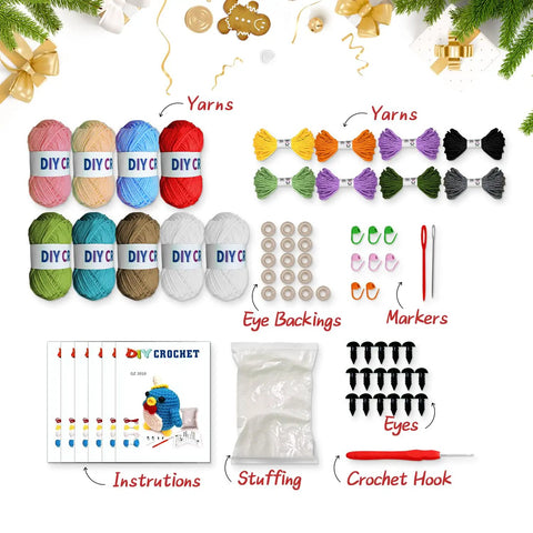 8 Piece Beginner Crochet Starter Kit With 40 Percent Extra Yarn For Cute Animal Crochet Kits, supplies laid out