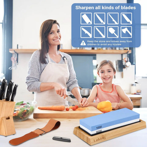 Dual Grit Knife Sharpener Whetstone Set with 1000/6000 grit bamboo base and non-slip holder on kitchen counter.