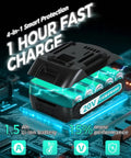 Close-up of 20V cordless drill kit battery on circuit board showcasing 1-hour fast charge and smart protection features.