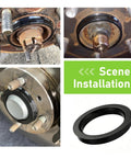 Heavy Duty 4 Pack Hub Centric Rings 73.1mm Outer 60.1mm Inner Bore installation on axle hub with black plastic adapters.