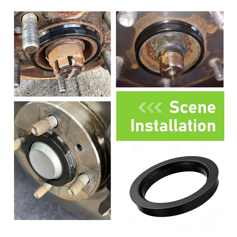 Heavy Duty 4 Pack Hub Centric Rings 73.1mm Outer 60.1mm Inner Bore installation on axle hub with black plastic adapters.