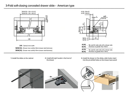 Diagram showing installation instructions for Top Shelf Soft Close Undermount Drawer Slides With Full Extension Runners For Kitchen Cabinets.