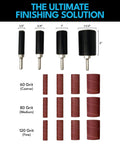 16 Piece Sanding Drum And Sleeve Set For Drill, Drill Press And Die Grinder Spindle Sander Attachment With 2-Inch Extra Long Drums And One Quarter Inch Shank For Detailed Woodworking DIYers And Craft Projects. Contains drums and sleeves in various sizes and grits.