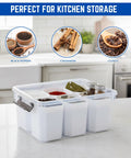 Kitchen with clear plastic storage bin holding spices like black peppers, cinnamon, and cloves, featuring removable dividers.