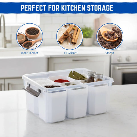 Kitchen with clear plastic storage bin holding spices like black peppers, cinnamon, and cloves, featuring removable dividers.