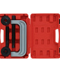 Heavy Duty Ball Joint Press Kit and Wheel Bearing Tool Set for Auto Suspension in red carry case, open view