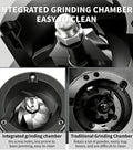 Close-up of integrated grinding chamber in Heavy Duty Electric Burr Coffee Grinder With Sixty Fine Adjustments And 48 Millimeter Conical Steel Burrs.