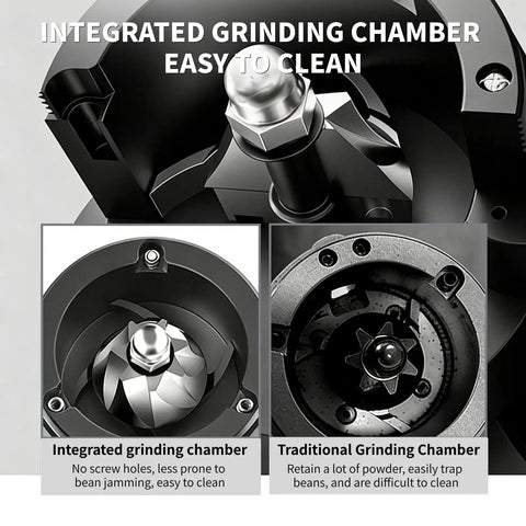Close-up of integrated grinding chamber in Heavy Duty Electric Burr Coffee Grinder With Sixty Fine Adjustments And 48 Millimeter Conical Steel Burrs.