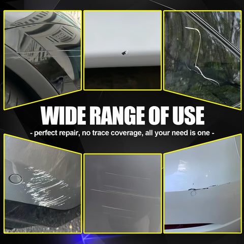 Various images of paint scratches and repair on cars using Pearl White Multi Coat Touch Up Paint Kit For Tesla Model Y 3 S X.