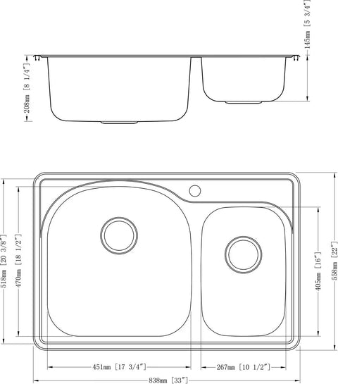 Diagram of Built Tough 18 Gauge Stainless Steel Kitchen Sink With Double Basin, 70/30 Offset, 33 By 22 By 8 Inches, Top Mount Or Drop In