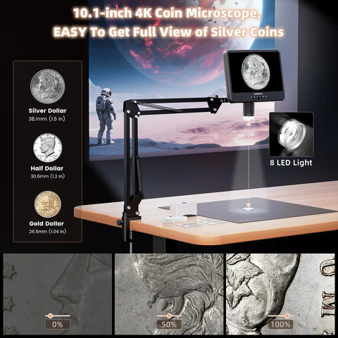 10.1-inch 4K coin microscope setup with flexible arm stand for full-view soldering and inspection, focus on coin details