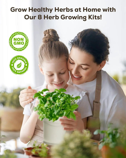Woman and child holding an Indoor Herb Garden Kit With Eight Heirloom Seeds For Windowsill, All In One Starter Set.