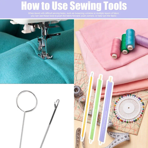 13 Piece Quick Turn Fabric Set For Sewing And Crafting, Multi Functional Fabric Tube Turner Tool Kit on display with fabrics and tools