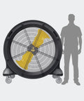 Kick Serious Heat To The Curb With This Heavy Duty 42 Inch Portable Barrel Fan Pumping 11044 Cfm, front view with silhouette for size comparison.