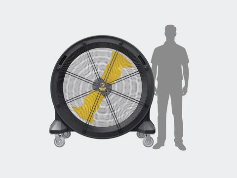 Kick Serious Heat To The Curb With This Heavy Duty 42 Inch Portable Barrel Fan Pumping 11044 Cfm, front view with silhouette for size comparison.