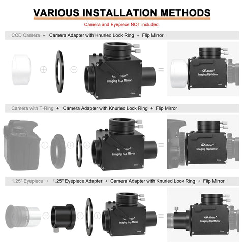 1.25 Inch Flip Mirror For Telescope Eyepiece And Camera Adapter setup guide with various installation methods for precise focusing.