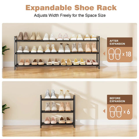 Expandable Shoe Rack With Adjustable Width From 18.5 To 48 Inches, 3 Tier Metal Shoe Organizer For Closet, Entryway Or Garage