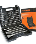Rotary Hammer Drill Bits Set And Chisels SDS Plus For Concrete And Masonry Holes 17 Pieces With Durable Storage Case Carbide Tipped Pro Grade For Heavy Duty Drilling in black case with orange box.