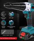 Onevan Cordless Electric Rivet Gun With Two 20 Volt Batteries And Fast Charger Brushless Motor For Stainless Steel Aluminum Rivets Easy To Use Power Tool showing replaceable nozzle and LED light.