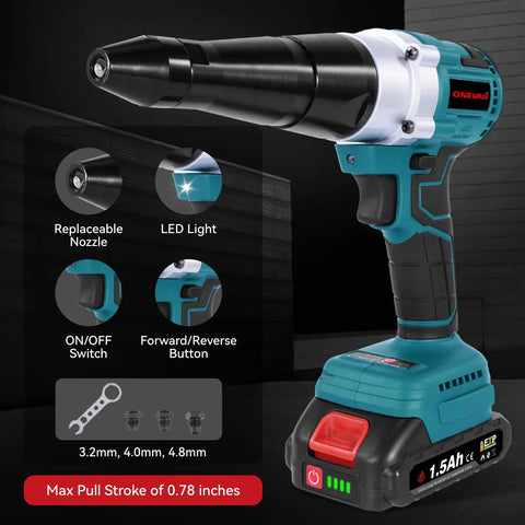 Onevan Cordless Electric Rivet Gun With Two 20 Volt Batteries And Fast Charger Brushless Motor For Stainless Steel Aluminum Rivets Easy To Use Power Tool showing replaceable nozzle and LED light.