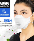 NIOSH Approved N95 Respirator Mask Made in USA Tri-Fold Cup Style With Fish Design And Headband Closure 50 Pack White on person