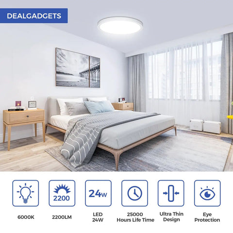 Ultra Thin Flush Mount LED Ceiling Light 24W 2200 Lumens 6000K Cool White Round Fixture For Bedroom Kitchen Bathroom Garage Living Room Hallway Easy Install No Pro Needed Energy Efficient Low Profile Design Great For Any Room