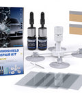 Windshield Chip Repair Kit 2 Pack With Fast Cure Resin For Bulls Eye Cracks And Star Shape Glass Fix Quick And Easy Windshield Crack Repair Fluid Tool For Home Auto DIY Projects, including bottles, applicator, and resin.