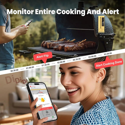 WiFi Sub 1G Wireless Meat Thermometer With 7 NIST Sensors monitoring BBQ grill through smartphone app