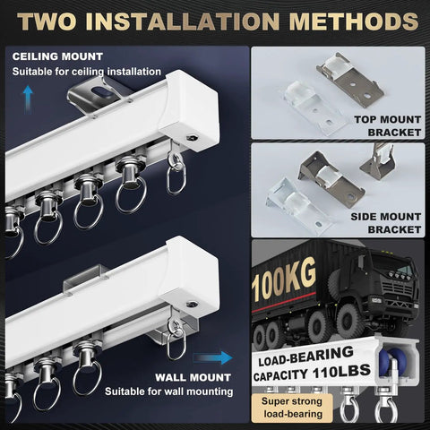Heavy Duty Aluminum Curtain Track System For Windows And Rooms, Wall Mounted Silent Sliding Rail For Drapes, Room Dividers, Living Room And Bedroom, 9.5ft White, Easy Install And Strong Support, ceiling and wall mount brackets