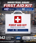 Front view of 2-Shelf OSHA Compliant First Aid Kit Cabinet For 50 People ANSI Class A Emergency Cabinet with 442 pieces.