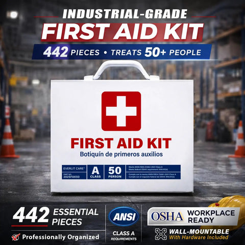 Front view of 2-Shelf OSHA Compliant First Aid Kit Cabinet For 50 People ANSI Class A Emergency Cabinet with 442 pieces.