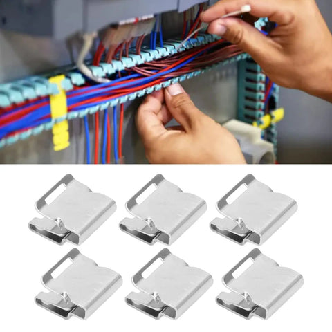 Heavy Duty 304 Stainless Steel Solar Panel Cable Clips 100 Pack used for organizing wires in an electrical panel installation.