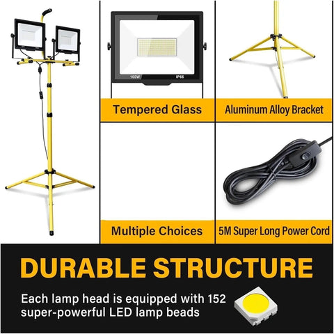 Security Lights Led Flood Light 2X100W 5000K Led Work Light with 100In,，， featuring a durable stand and long power cord.